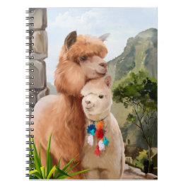 Cuaderno Dos alpacas esponjosas sobre el fondo del lago