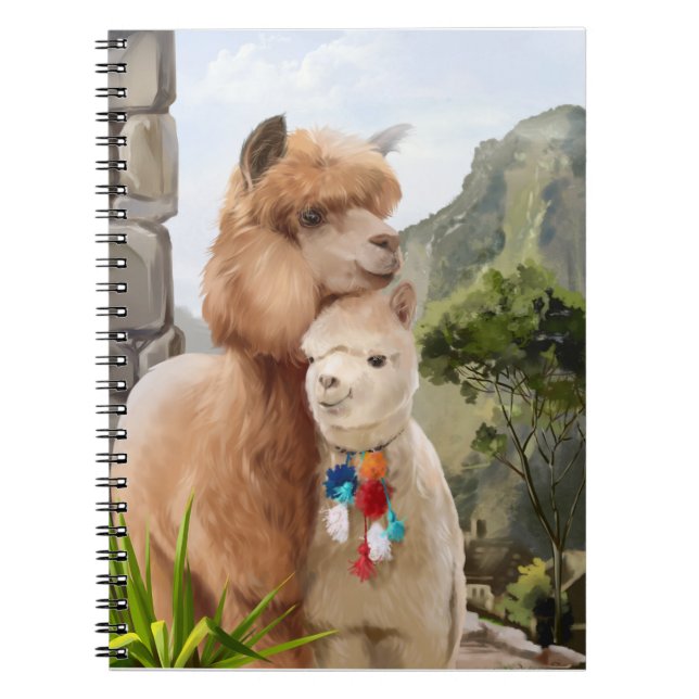 Cuaderno Dos alpacas esponjosas sobre el fondo del lago (Frente)
