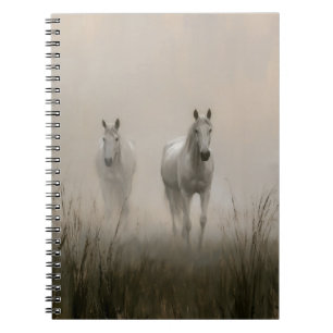 Cuaderno Dos caballos blancos en una pintura de prado brumo