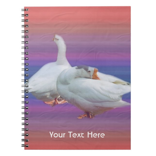 Cuaderno dos gansos blancos en fondo de color. (Frente)