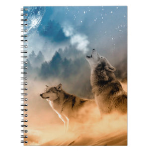 Cuaderno Dos lobos aullan en la luna llena en el bosque