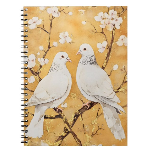 Cuaderno dos palomas blancas posadas en una rama (Frente)