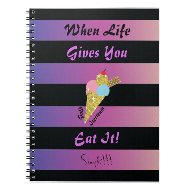 Cuaderno Dos rayas moradas negras con helado de oro (Frente)