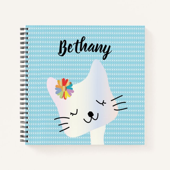 Cuaderno Dotty de gato y flores lindo personalizado (Anverso)