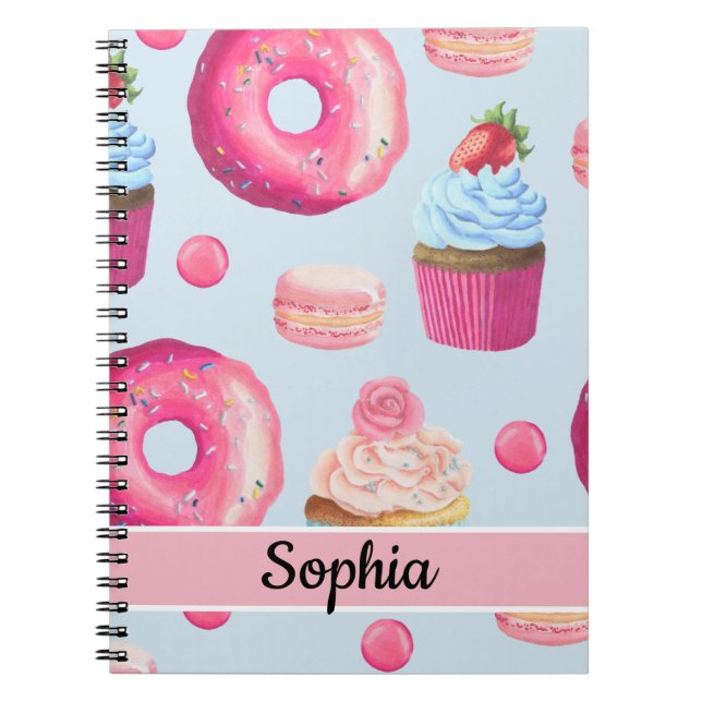Cuaderno Doughnuts y Cupcakes Rosa Brillante sobre Azul Beb (Frente)