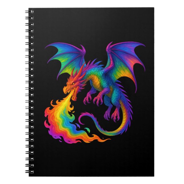 Cuaderno Dragón arcoiris respirando coloridas llamas fantas (Frente)