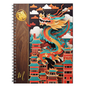 Cuaderno Dragón chino de Año Nuevo lindo Monograma de origa