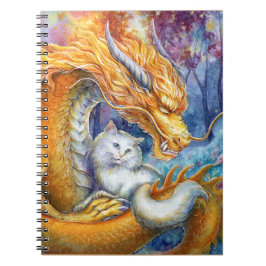 Cuaderno Dragón Chino Fuego y Gato Blanco en Bosque Mágico