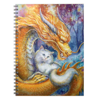 Cuaderno Dragón Chino Fuego y Gato Blanco en Bosque Mágico