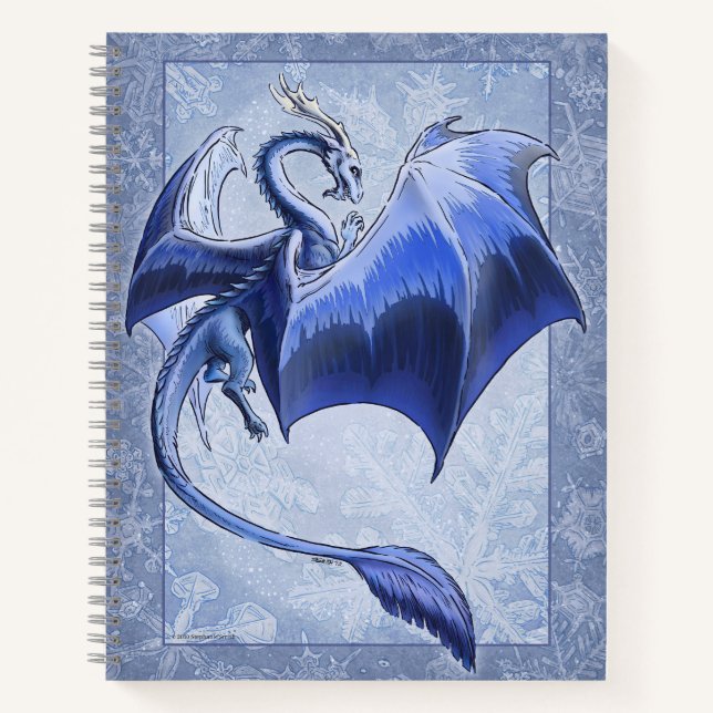 Cuaderno "Dragón de Invierno" azul, copas de nieve, arte fa (Anverso)