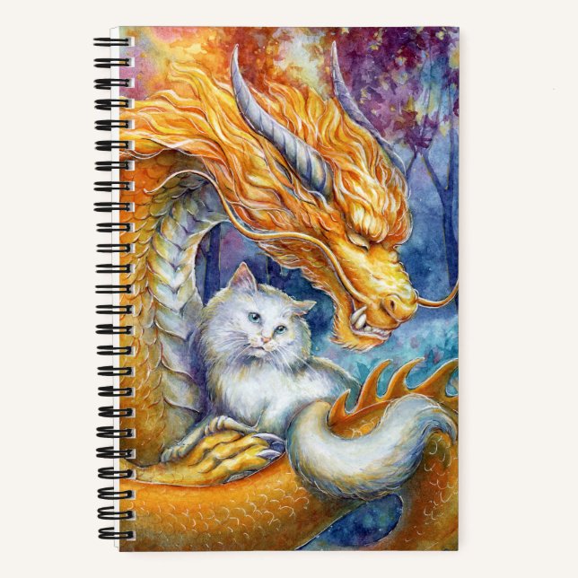 Cuaderno Dragón Fiero y Gato Blanco en Bosque Místico (Anverso)