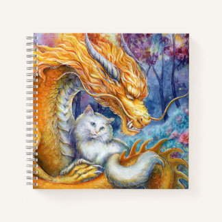 Cuaderno Dragón Fiero y Gato Blanco en Bosque Místico