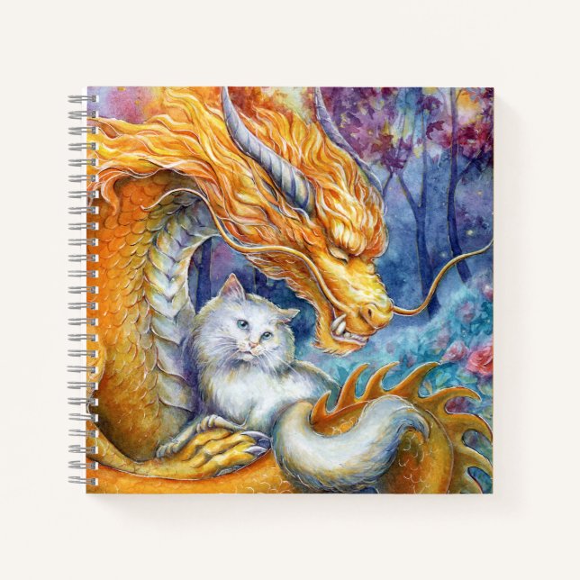Cuaderno Dragón Fiero y Gato Blanco en Bosque Místico (Anverso)