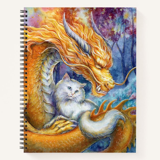 Cuaderno Dragón Fiero y Gato Blanco en Bosque Místico (Anverso)