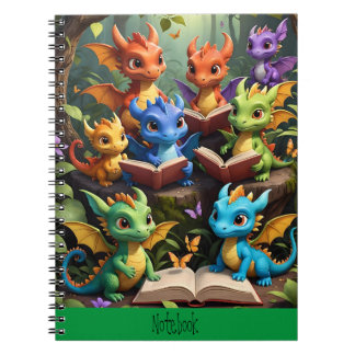 Cuaderno Dragones jóvenes leyendo libros en la portada de s