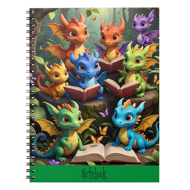 Cuaderno Dragones jóvenes leyendo libros en la portada de s (Frente)