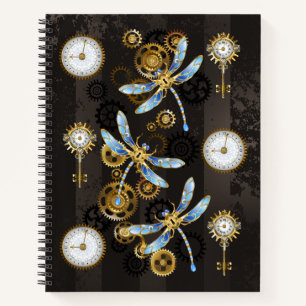 Cuaderno Dragoniscos de Steampunk sobre fondo rayado marrón