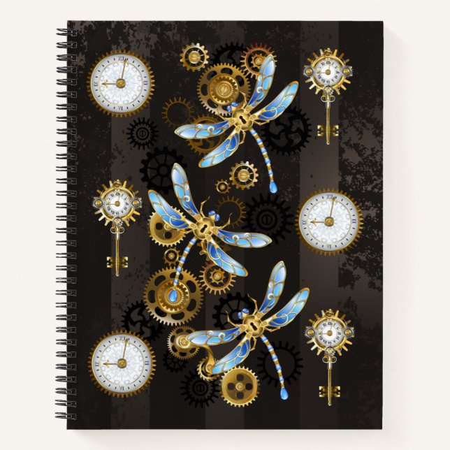 Cuaderno Dragoniscos de Steampunk sobre fondo rayado marrón (Anverso)