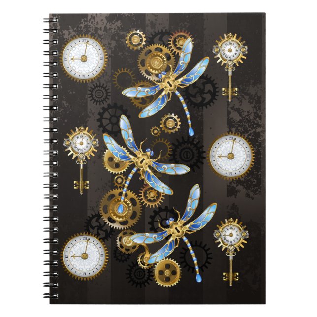 Cuaderno Dragoniscos de Steampunk sobre fondo rayado marrón (Frente)