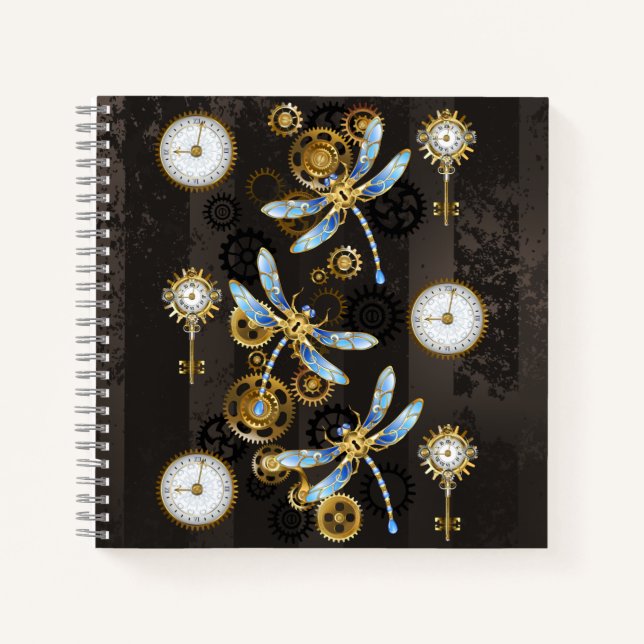 Cuaderno Dragoniscos de Steampunk sobre fondo rayado marrón (Anverso)