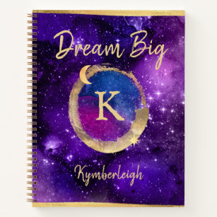 Cuaderno Dream Big Purple Galaxy Glam Gold Monograma Nombre