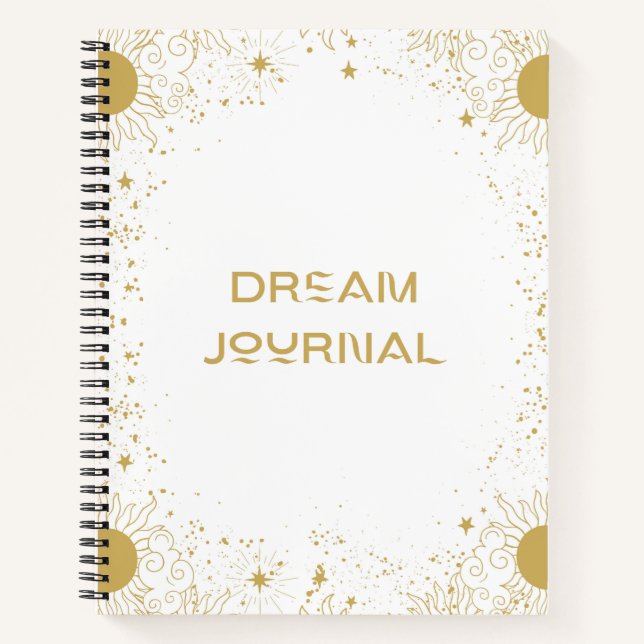 Cuaderno Dream Journal - Sol dorado y blanco y estrellas (Anverso)