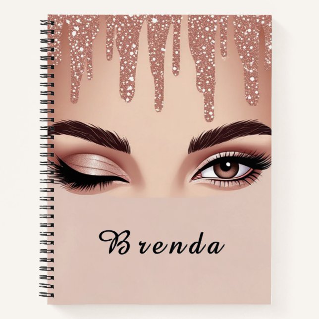 Cuaderno Drip de brillo de oro rosa con maquillaje de ojos  (Anverso)