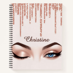 Cuaderno Drip de brillo de oro rosa con maquillaje de ojos