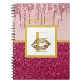 Cuaderno Dripping Pink Rose Gold Glitter Lips Monogram Girl