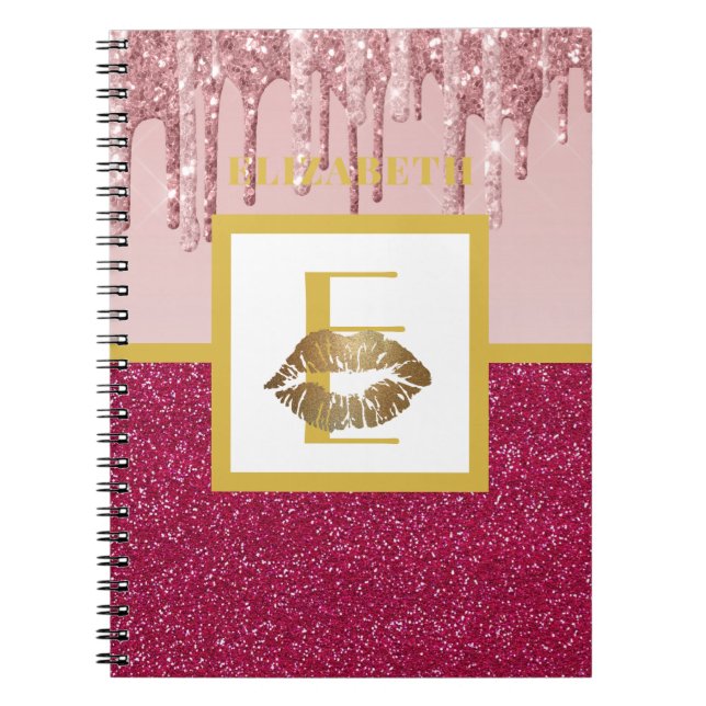 Cuaderno Dripping Pink Rose Gold Glitter Lips Monogram Girl (Frente)