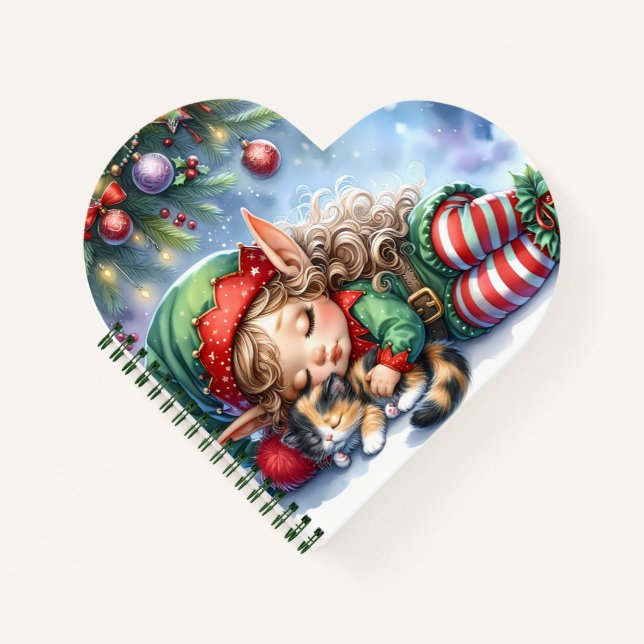 Cuaderno Duende de Navidad durmiendo con gatito calico (Anverso)