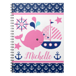 Cuaderno Dulce ballena rosa náutica y patrón de anclas