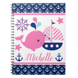 Cuaderno Dulce ballena rosa náutica y patrón de anclas