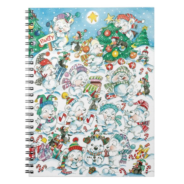 Cuaderno Dulce fiesta de Navidad de osos polares y pingüino (Frente)