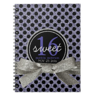 Cuaderno Dulce lindo 16 de Polkadot púrpura y negro