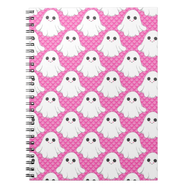 Cuaderno Dulce Patrón de Fantasma Rosa Kawaii Halloween Spi (Frente)