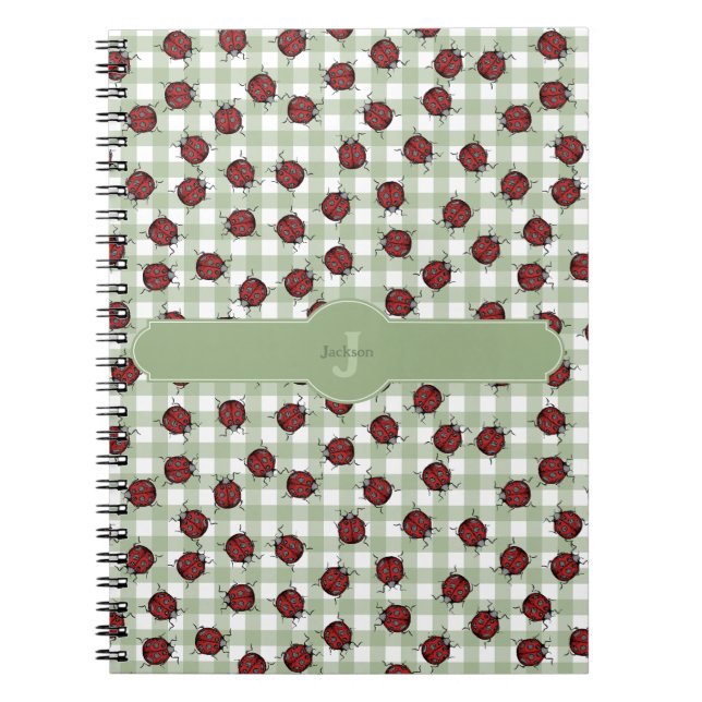 Cuaderno Dulce Patrón de Mariquita Gingham Verde Monograma  (Frente)