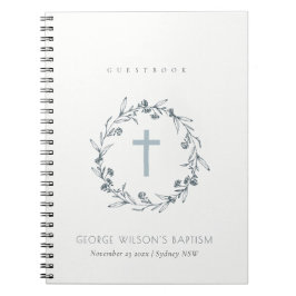 Cuaderno Dusky Blue Floral Laurel Wreath Monograma Baptismo