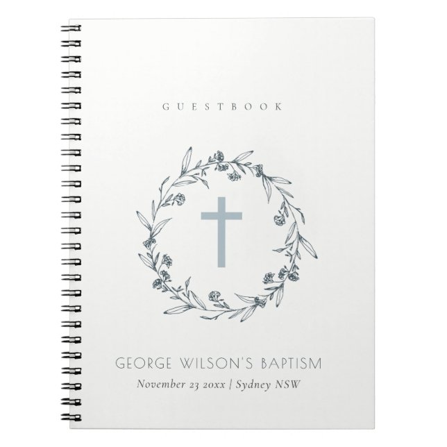 Cuaderno Dusky Blue Floral Laurel Wreath Monograma Baptismo (Frente)