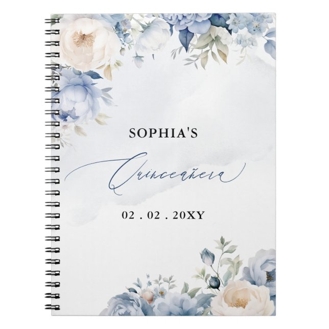 Cuaderno Dusty Blue Floral Quinceañera Guest book (Frente)