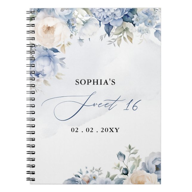 Cuaderno Dusty Blue Floral Sweet 16 Guest Book (Frente)
