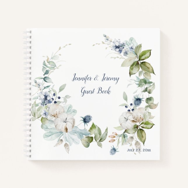 Cuaderno Dusty Blue Sage Green Winter Floral Guest Book (Anverso)