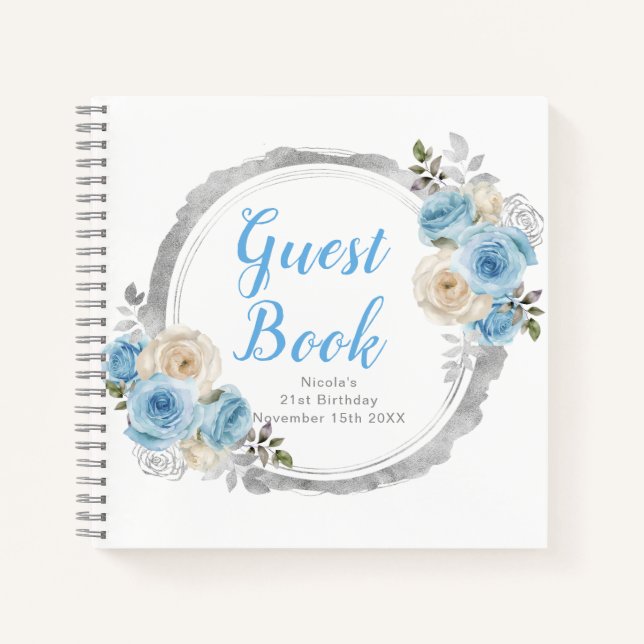 Cuaderno Dusty Blue Silver Elegant Flowers Birthday Party (Anverso)
