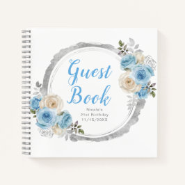 Cuaderno Dusty Blue Silver Elegant Flowers Birthday Party