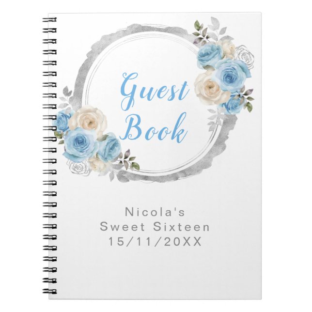 Cuaderno Dusty Blue Silver Elegant Flowers Sweet Sixteen (Frente)