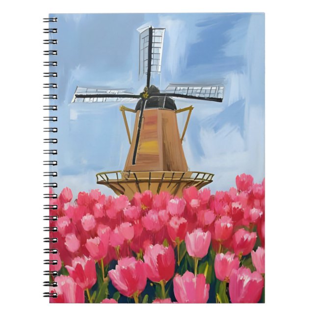 Cuaderno Dutch Windmill | Tulip Flower Field Watercolor (Frente)