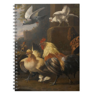 Cuaderno Eagle, un Cockerell, gallinas, una paloma en vuelo