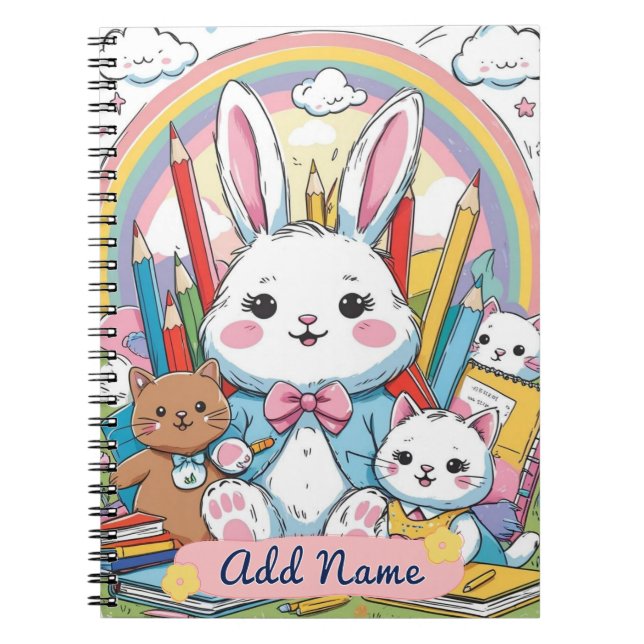 Cuaderno editable de conejito lindo arcoíris para  (Frente)