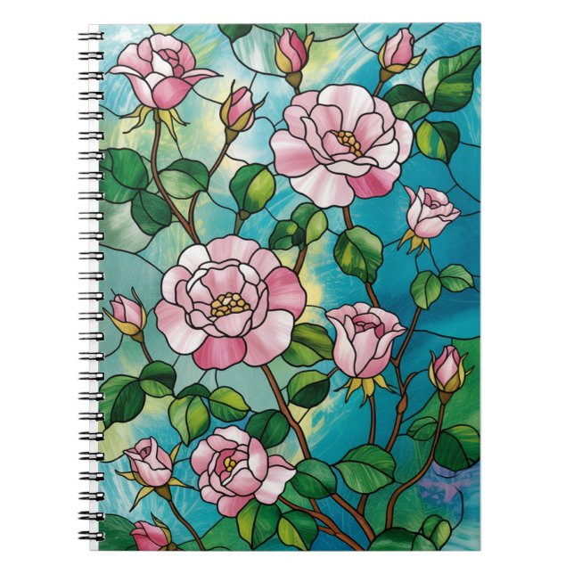 Cuaderno Efecto de vidrio emplomado floral flores rosadas b (Frente)