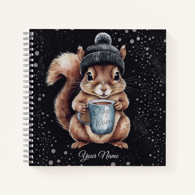 Cuaderno Eichhörnchen mit Tasse und Schnee „Stay Warm“ (Anverso)